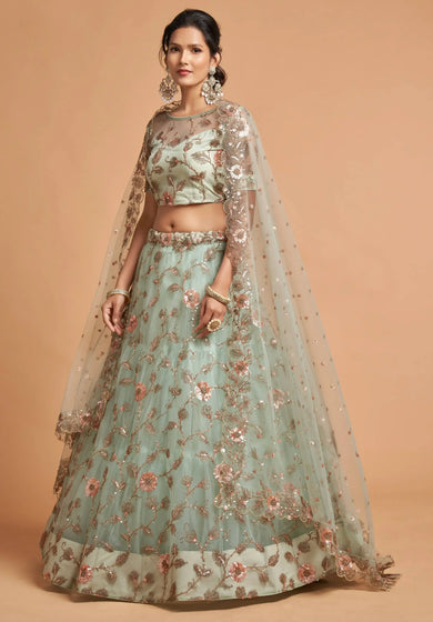 Pista Green Dori Thread Embroidered Net Wedding Lehenga Choli